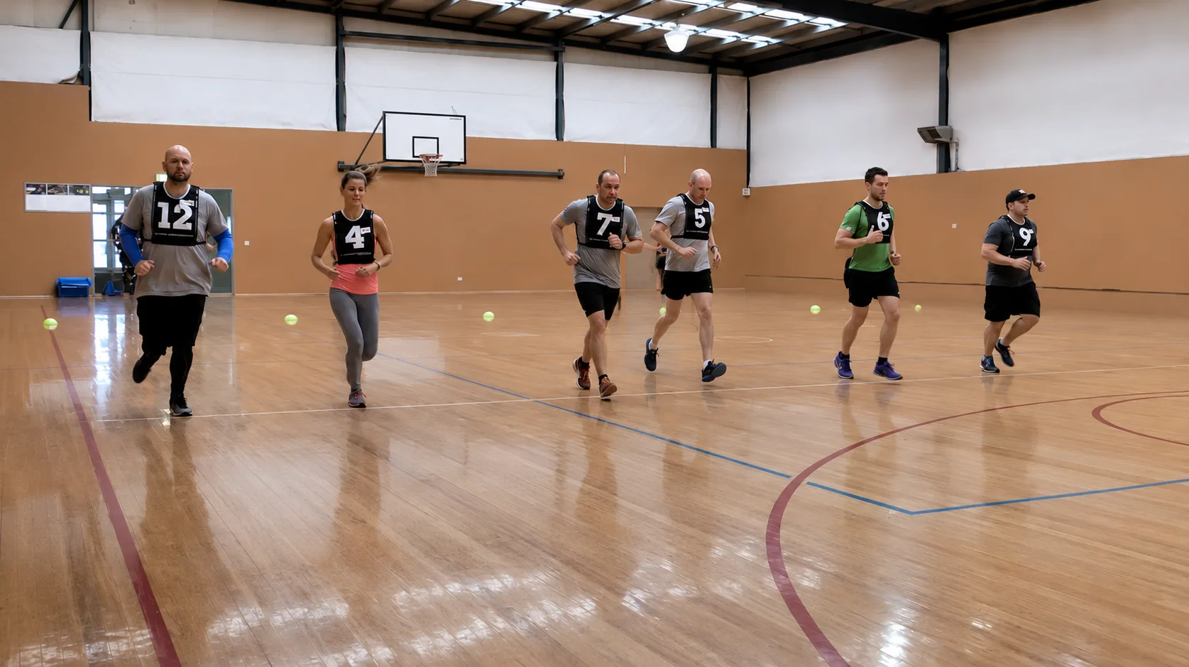 A group running a beep test in an indoor sports hall